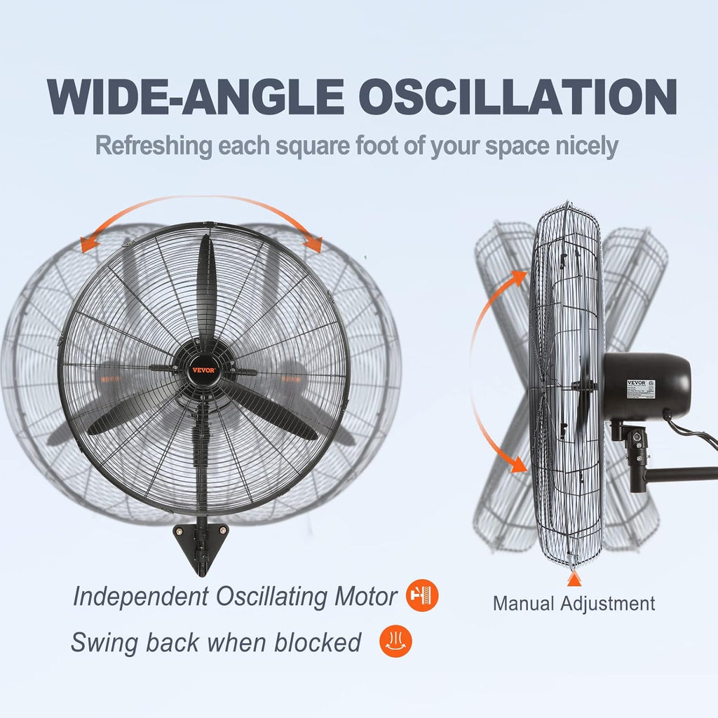 VEVOR 30 Inch Wall-Mount Misting Fan, 3-speed IP44 Waterproof Oscillating, Max. 9500 CFM Wall Mounted Fan for Outdoor, Commercial, Residential, Greenhouse, Workshop, Patio, Black, ETL Listed