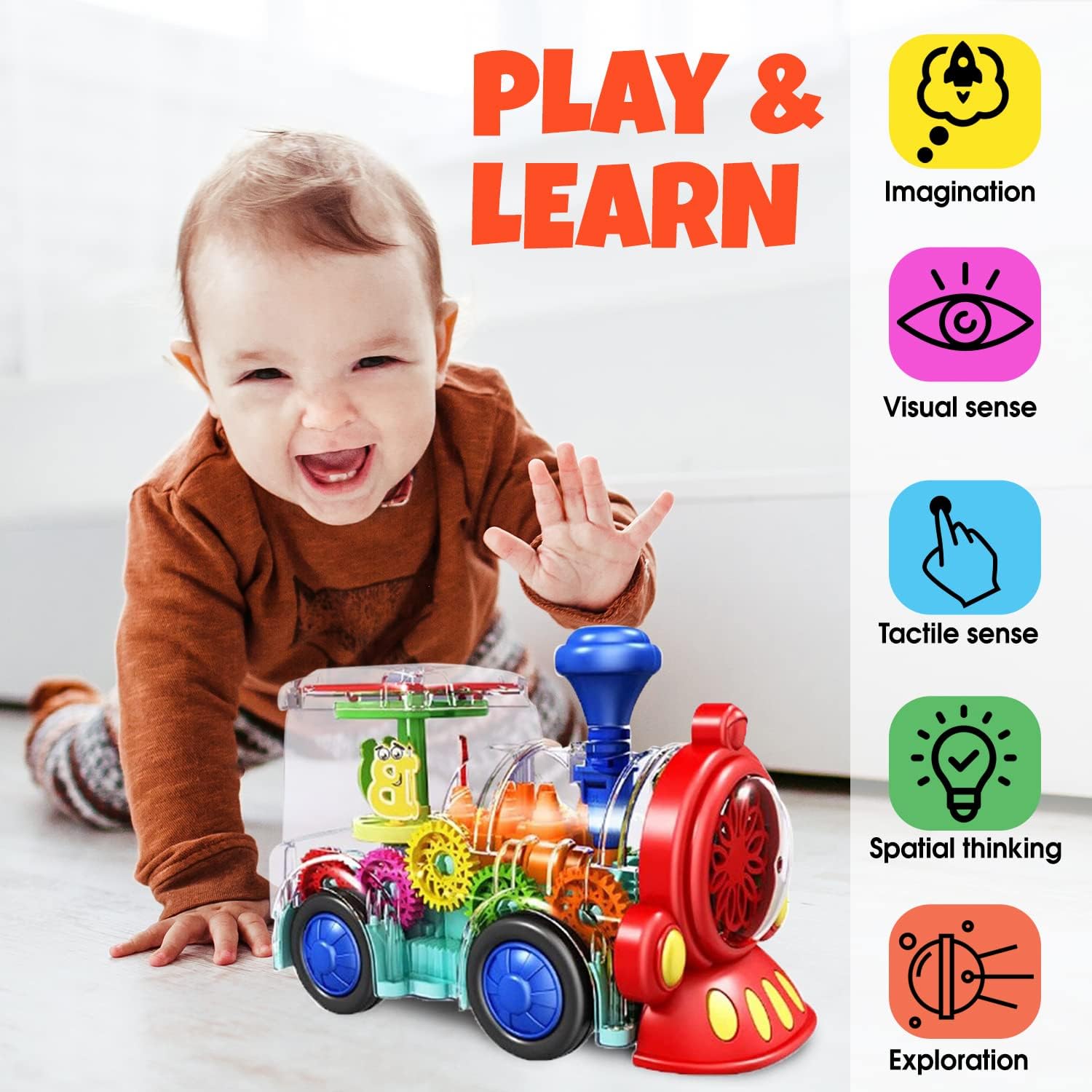 Transparent Sensory Train Toy - Fun and Interactive Toy for Kids - Music Train with LED Light up - Colorful Moving Gears -Tummy Time Crawling Baby Toys - Birthday Gift Idea for Boys & Girls