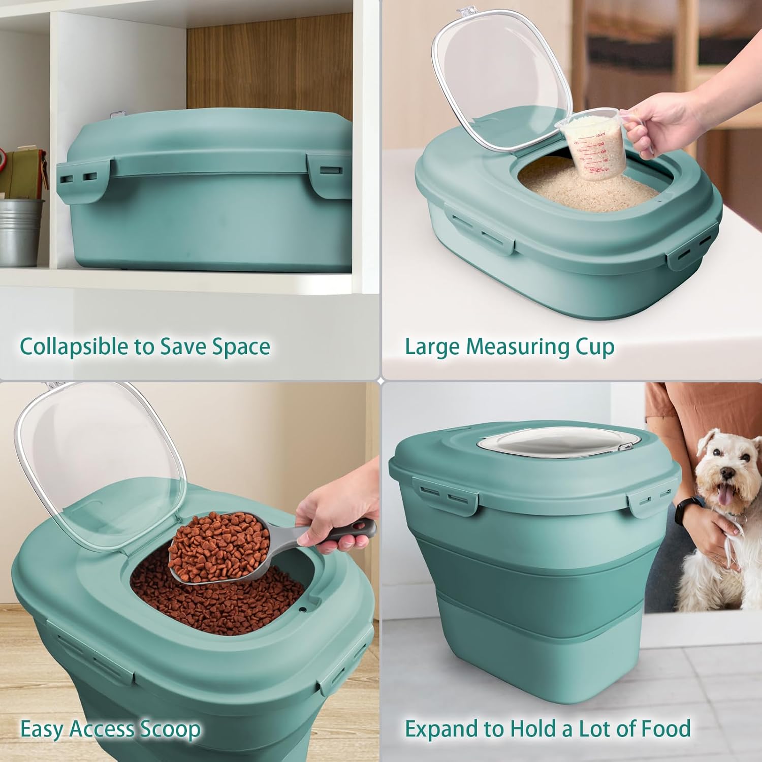 Rice Storage Bin Cereal Containers, 13-50lb Collapsible Rice Container Dispenser with Transparent Lid, Rolling Wheels, Measuring Cup and Scoop, Airtight Dog Cat Pet Food Storage Container Green