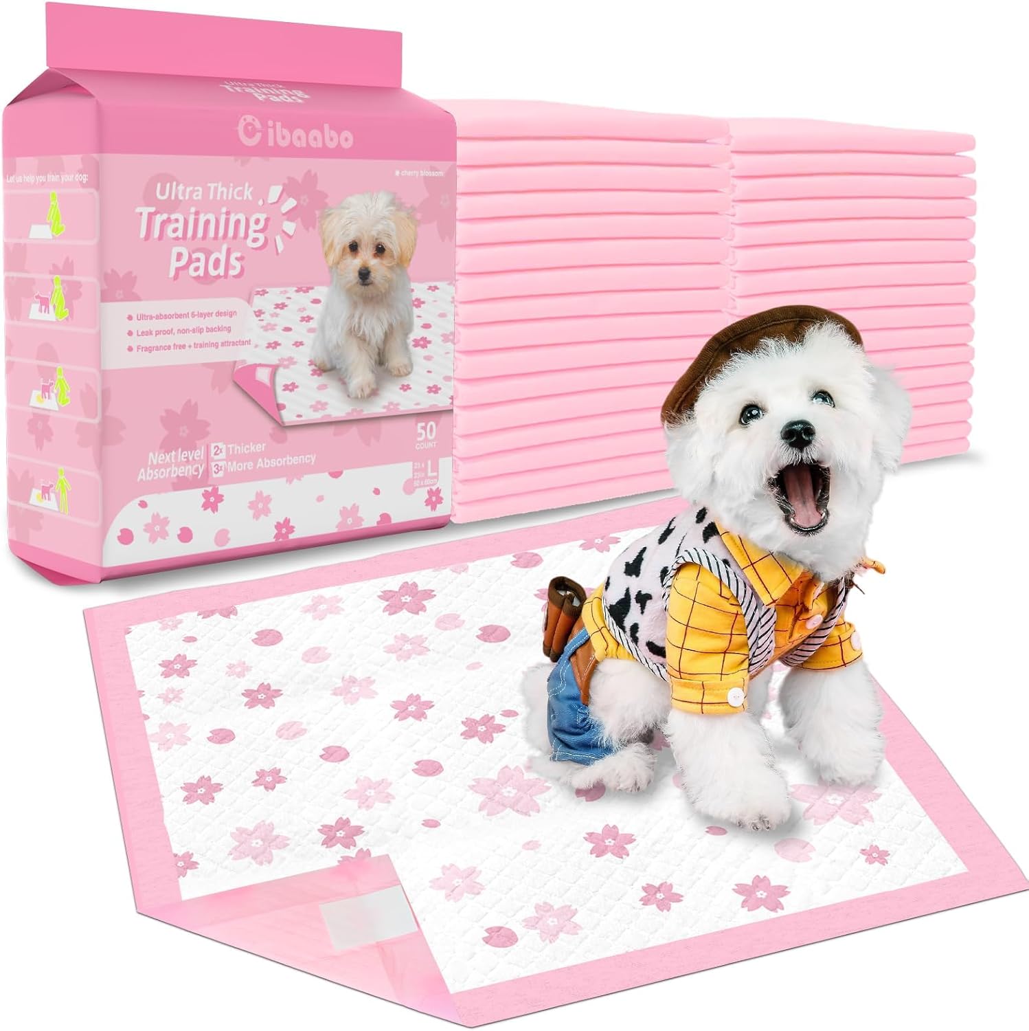 Pink Puppy Pads, Absorbent 23"x 23" 50 Count Cute Dog Pee Pad with Adhesive Tabs for Potty Training, Leak-Proof Quiky-Dry Pads for Puppies, Dogs, Cats, Rabbits(Pink, 23x23in 50Ct)