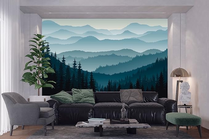 Nature Wallpaper Blue Mountain Foggy Forest Wall Mural for Bedroom Living Room (Not Peel n' Stick)