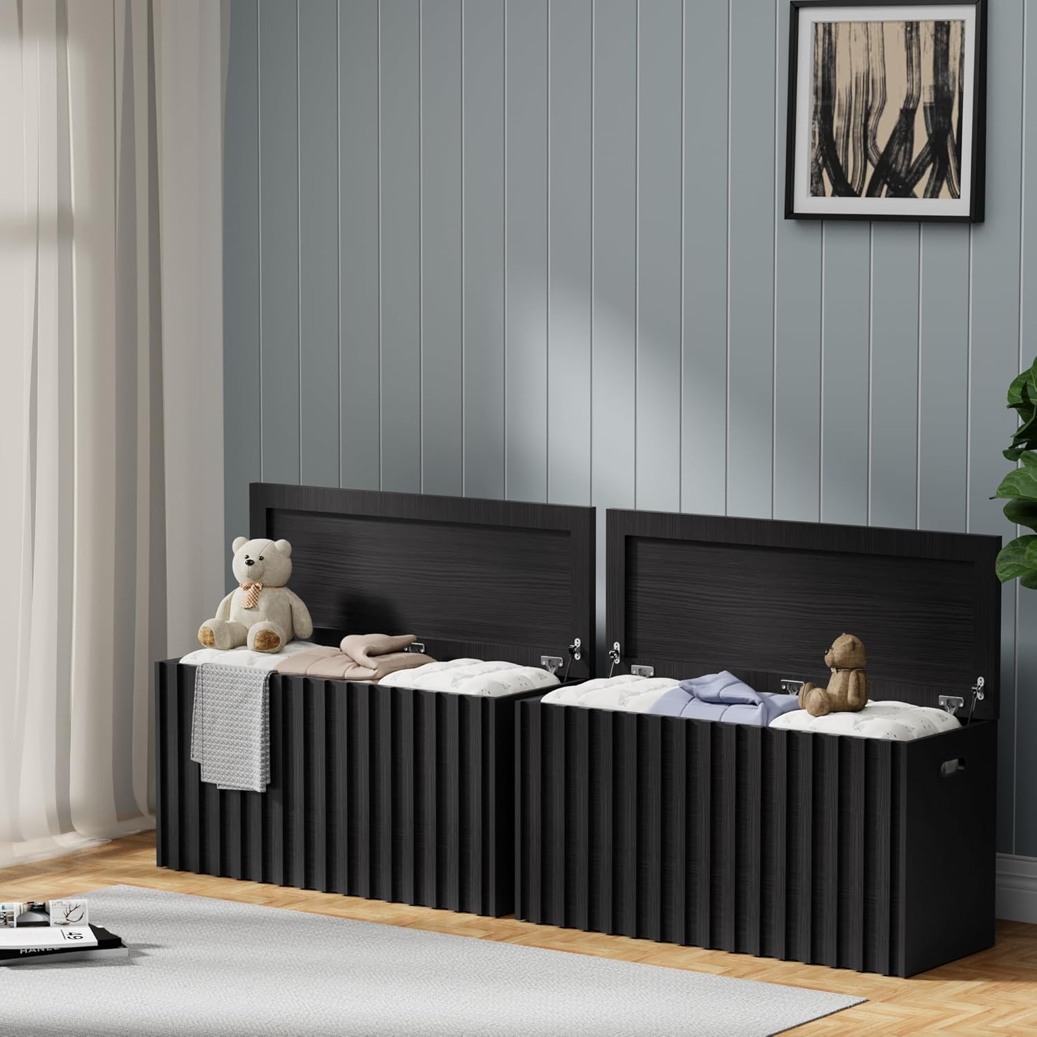 UEV Black Storage Bench Set of 2, 39.4" Fluted Wood Storage Trunk with 2 Safety Hinges, Sturdy Storage Chest, Storage Bench for Bedroom,Entryway, Living Room