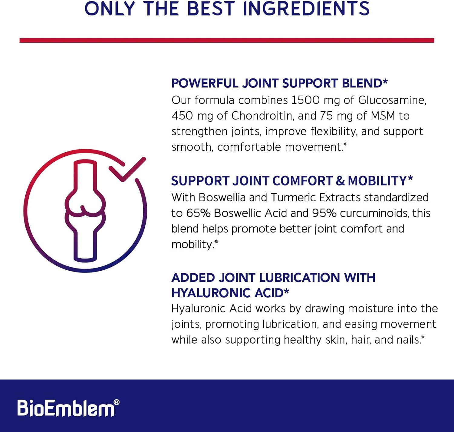 BioEmblem Joint Support - Glucosamine Chondroitin + MSM 1500 MG - with Boswellia, Turmeric & Hyaluronic Acid - Joint Health Supplement, Mobility, Flexibility, Cartilage - Non-GMO - 90 Caps
