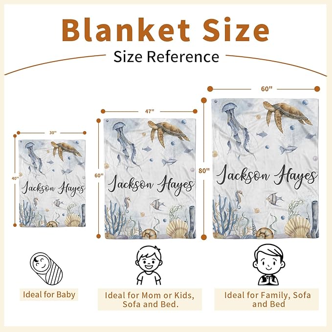 Personalized Baby Blanket with Name, Customized Baby Blanket for Kids Newborns, Soft Flannel with Double Layer Dotted Backing, Customized Gifts for Baby Shower Birthday, Sea Turtle(60" x80)