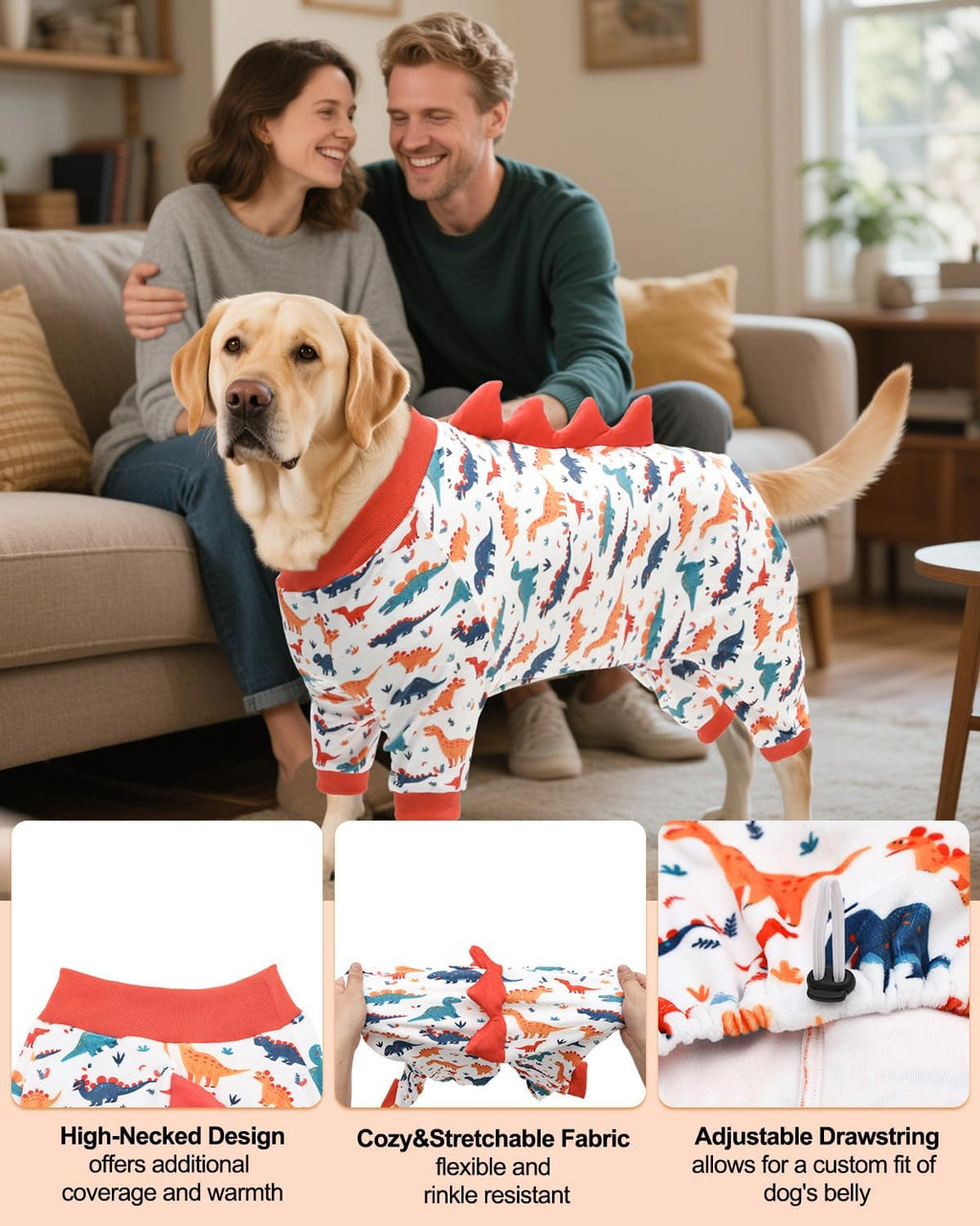 CuteBone Dinosaur Costume Dog Pajamas, Stretchy Spandex Crystal Velvet Sleepwear Coat for Small Dogs, Soft & Warm Pet Outfit Clothes for Cold Weather, Cozy Pullover Design COSP02-4XL