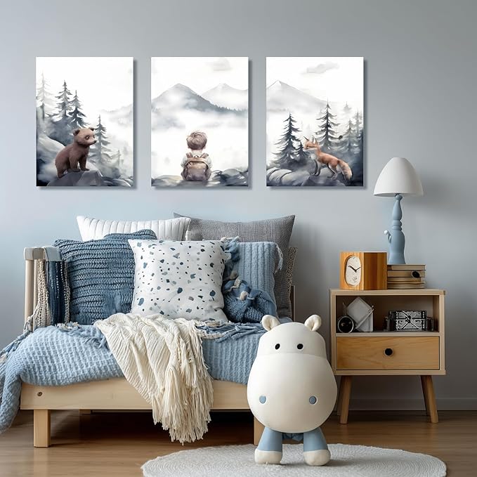 Cyebmo Framed Woodland Boy Nursery Wall Art Set of 3, Whimsical Boy Adventure Wall Decor, Mountain Forest Animal Bear Fox Wrapped Canvas Artwork for Classroom Kids Room Baby Nursery 12"x16"x3