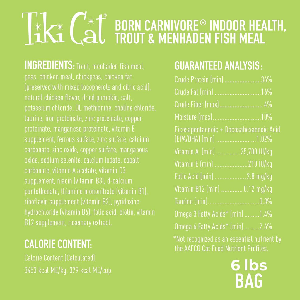 Tiki Cat Born Carnivore Indoor Health, Trout & Menhaden Fish Meal, Grain-Free Baked Kibble to Maximize Nutrients, Dry Cat Food, 6 Lbs. Bag