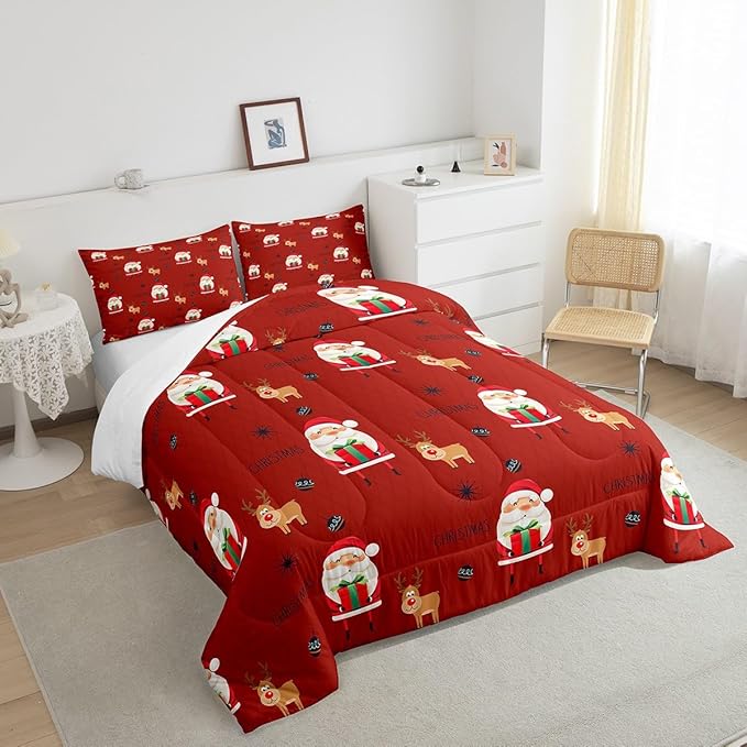 Feelyou Santa Claus Comforter Set Christmas Deer Decorations Bedding Set for Kids Boys Girls Winter Snowflake Comforter Merry Christmas Khaki Red Quilt Collection 3Pcs Queen Size