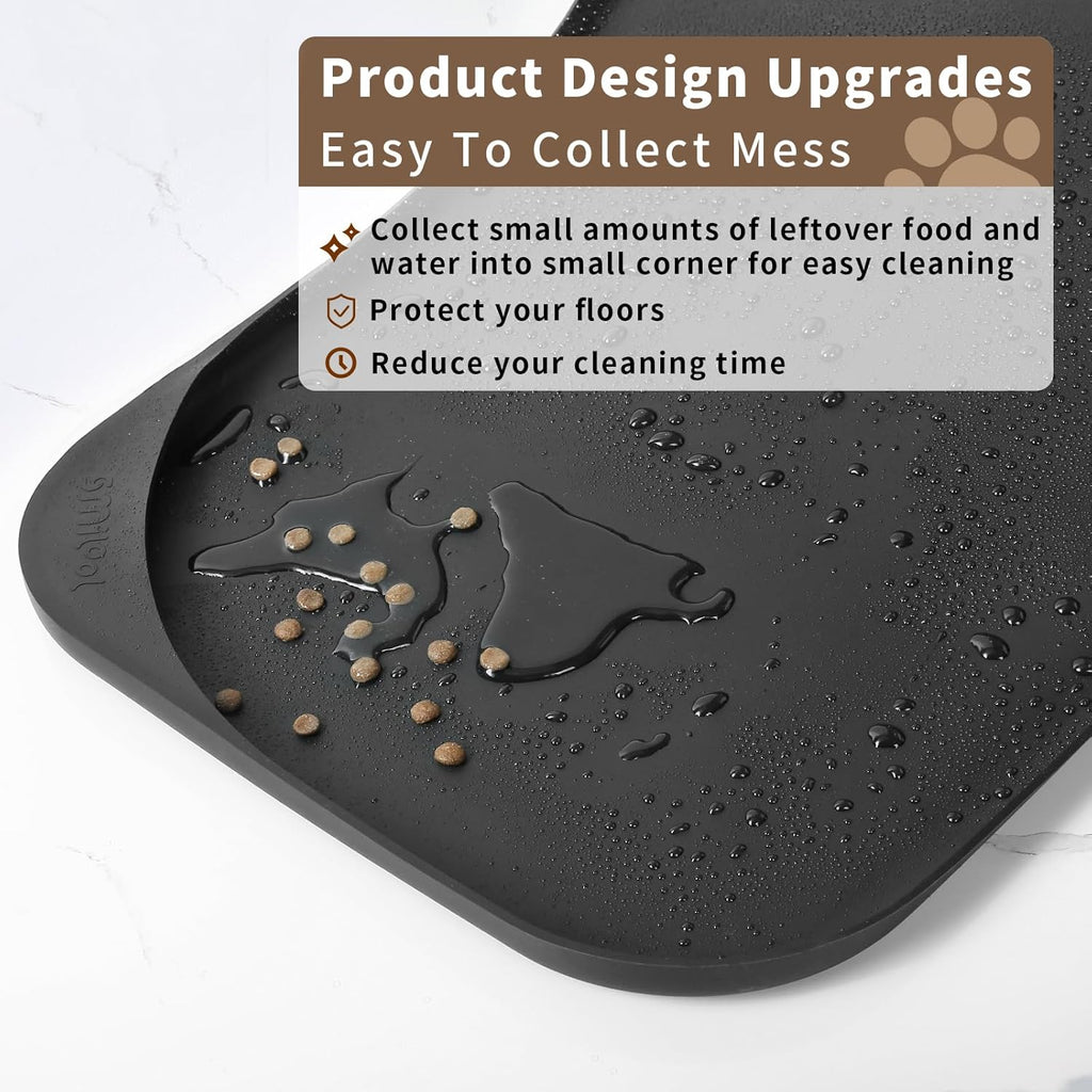 Silicone Pet Feeding Mat with Raised Edge & Residue Collection Pocket for Food and Water, Dog Bowl Mats, Cat Bowls Placemat with High Lip for Floor Waterproof, 19 x 12 x 0.7 Black