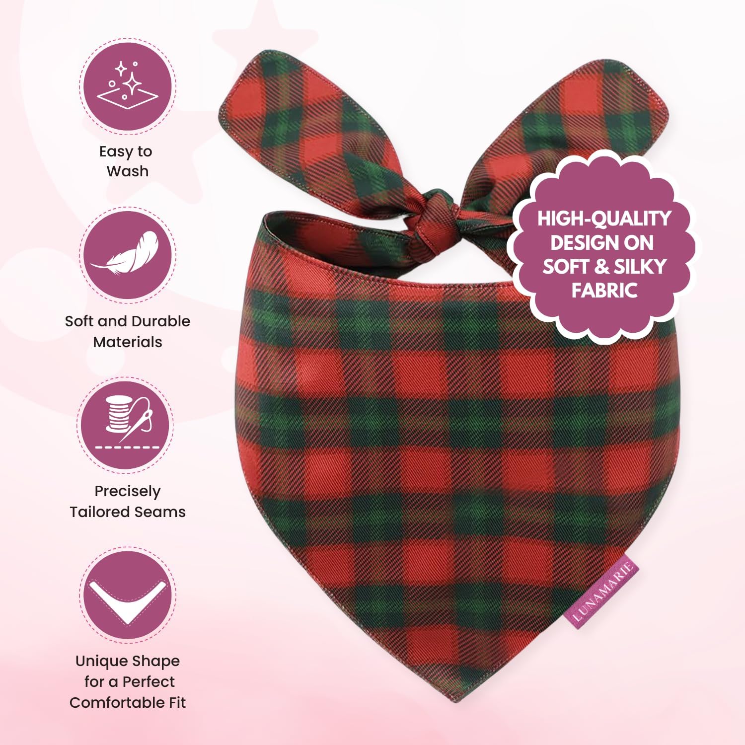 LunaMarie - Luxury Pet Birthday Bandanas -Premium & Silky Poly Fabric | 100% Handmade | Custom Shape Dual Layered (Jingle Plaid, Large)