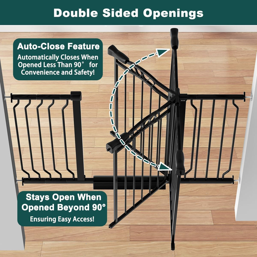 29.53"-43.30" Mornyray Auto-Close Baby Gate Extra Wide, Pressure Mounted Dog & Pet Gate for Stairs Doorways, No Drill Safety Barrier with Lace Design, Metal Child Proof Gate Indoor Outdoor, Black