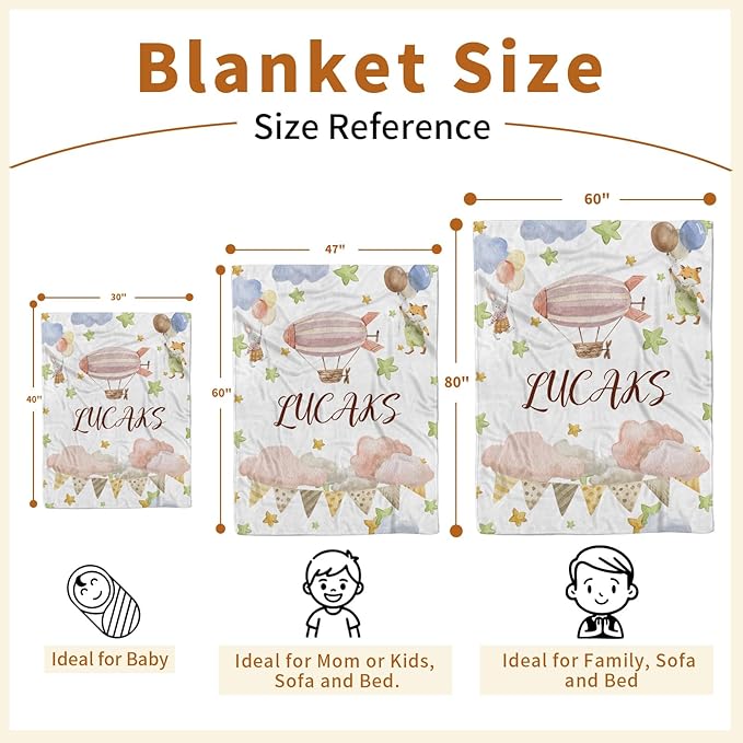 Personalized Baby Blanket for Girls, Custom Name Blanket for Newborn New Mom, Soft Flannel with Double Layer Dotted Backing, Gifts for Baby Shower Christmas Birthday, Hot Air Balloons(30”x40)