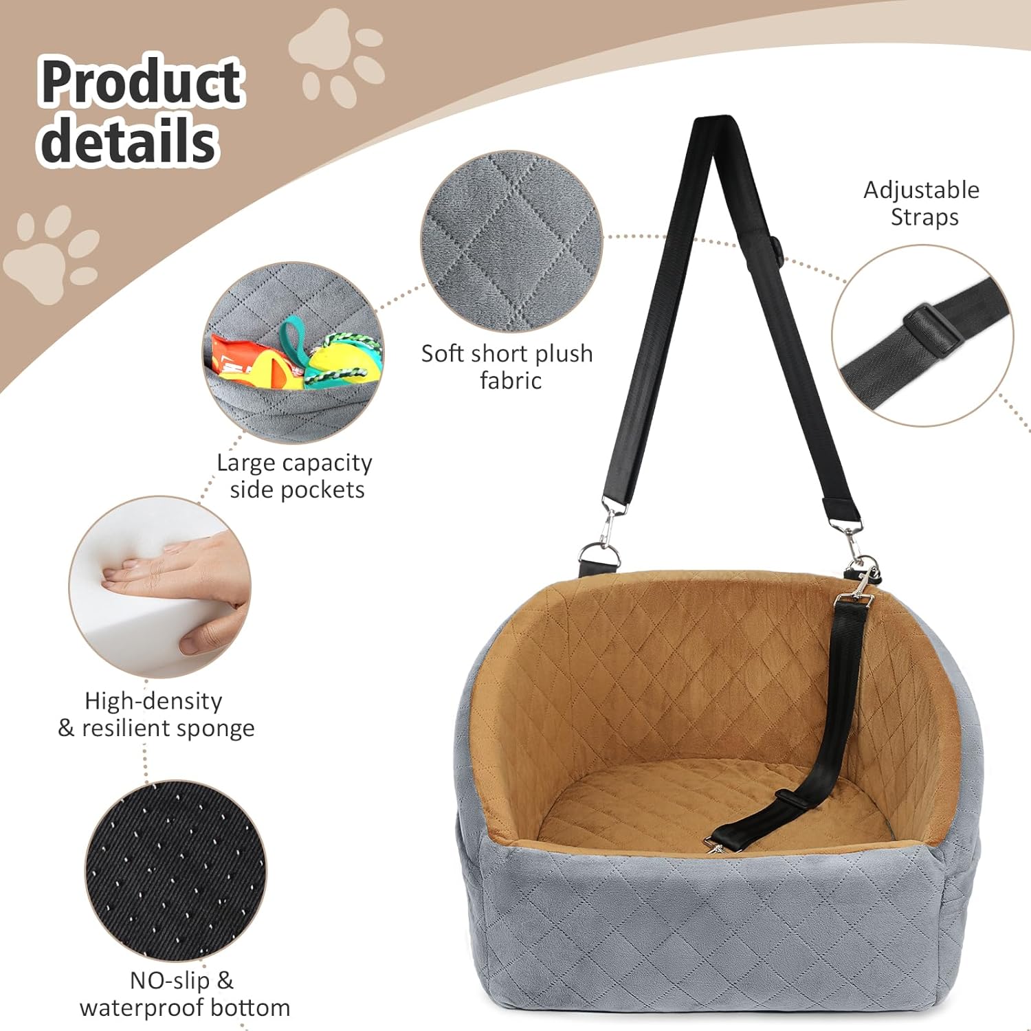 Dog Car Seat for Small Medium Dogs,Detachable Washable Dog Booster Seat Under 30lbs, Pet Car Seat Travel Bed with Storage Pockets and Dog Safety Belt(Grey/Brown)