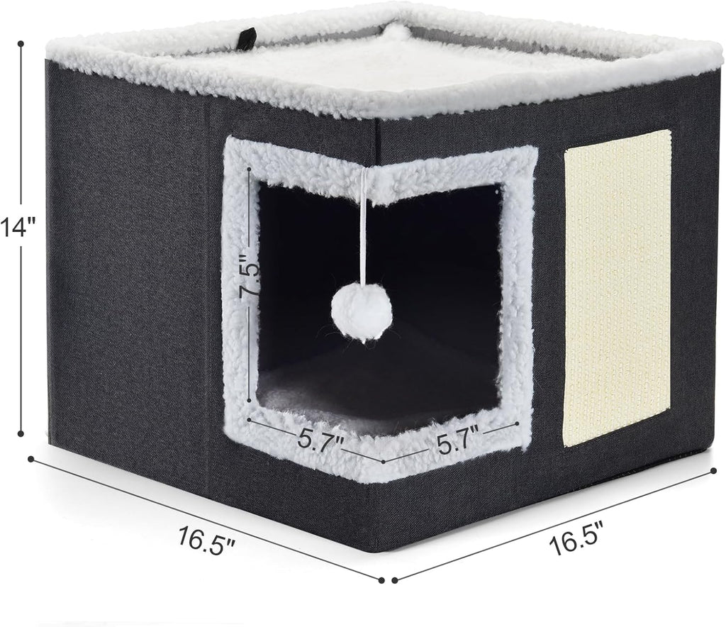 petizer Cat Bed for Indoor Cats, Large Covered Cat House with Scratch Pad, Foldable Cat Cave Bed & Hideaway Cube with Reversible Cushions, Cute Cat Condo for Multi Small Pet Kitten (Blue)