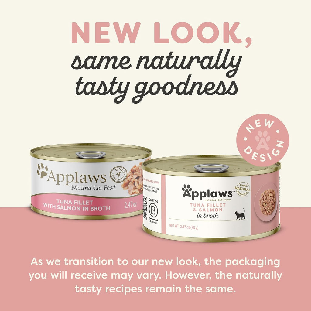 Applaws Natural Wet Cat Food in Broth, Limited Ingredient Canned Wet Cat Food, No Additives, Made with Natural Ingredients, Tuna Fillet with Salmon in Broth (24 x 2.47oz Cans)