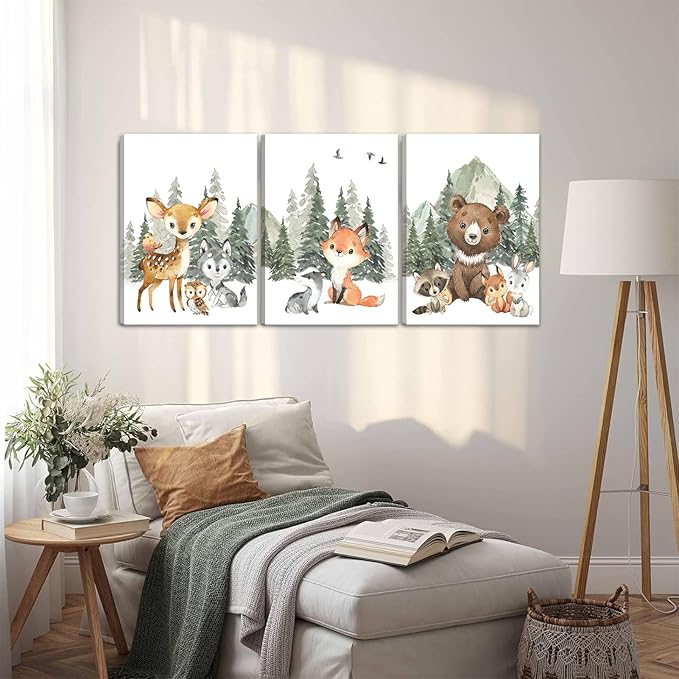 3Pcs Woodland Animal Nursery Canvas Wall Art Forest Adventure Theme Animals Picture Posters Wall Decor Cute Watercolor Deer Bear Fox Painting Print Artwork for Kids Baby Bedroom Decor 16x24in