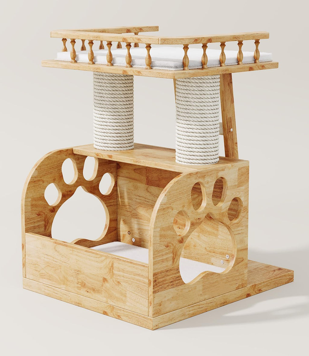 Modern Solid Wooden Cat Tree Tower, 25" Luxury Cats Trees Condo with Scratching Post, 2 Level Heavy Duty for Cat Tower Indoor Cats Adults, Natural Cats Tree House with Washable Cushions