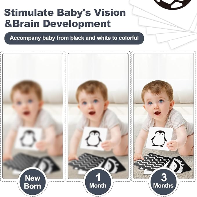 Newborn Toys,High Contrast Black & White Baby Toys 0-6 Months with Sensory Cards & Rattle, Essential for Brain Development, Tummy Time & Car Seat Toys for 0 2 4 6 Month Old