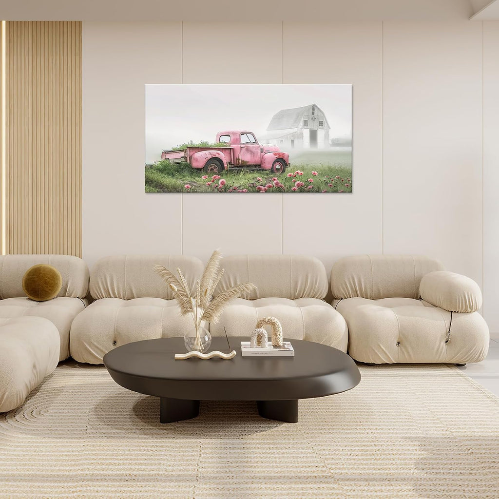 Large Rustic Farmhouse Pink Truck Wall Art for Living Room Country Barn Art Big Space Size Bedroom Office Framed Canvas Prints Pictures Painting Artwork Office Bedroom Home Decor 60"x30"