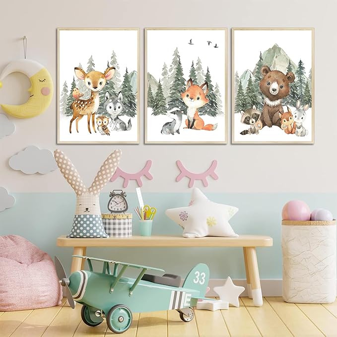 3Pcs Woodland Animal Nursery Canvas Wall Art Forest Adventure Theme Animals Picture Posters Wall Decor Cute Watercolor Deer Bear Fox Painting Print Artwork for Kids Baby Bedroom Decor 16x24in Unframed