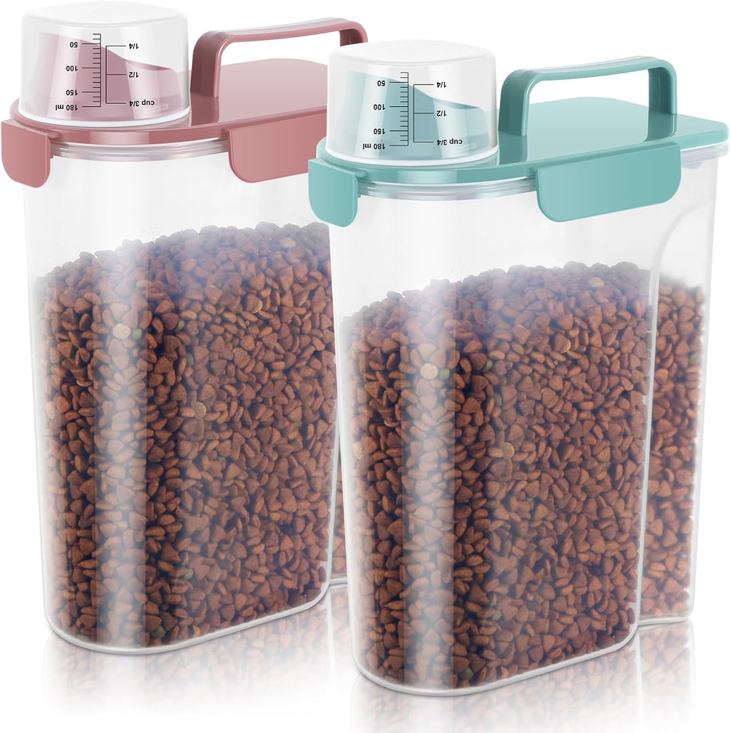 5-7Lbs Cat Dog Storage Container, Portable Pet Food Containers with Upgraded Large Spout and Cup, Small Animal Kibble Dispenser for Bird Seed, Oatmeal, Rice, Flour (2, Pink+Lake Blue, 5L)