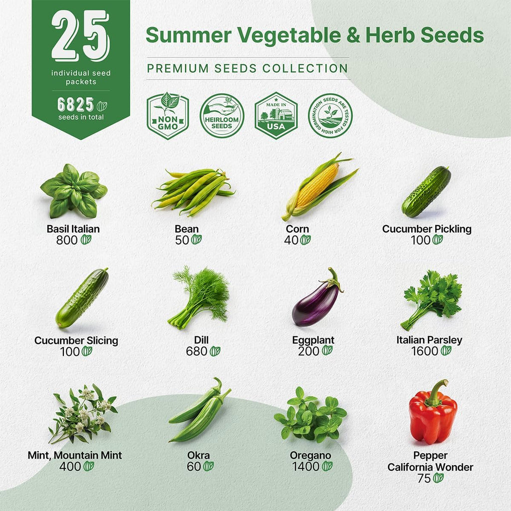 Organo Republic 25 Summer Vegetable & Herb Garden Seeds Variety Pack - 6,820+ Non-GMO Heirloom Veggie & Herb Seeds for Outdoors & Indoor Home Gardening: Tomato, Okra, Bean, Cucumber, Basil, Rosemary
