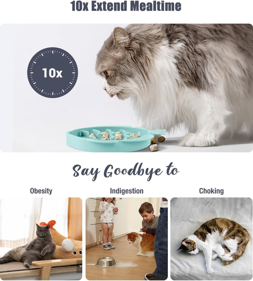 Coomazy 2-in-1 Silicone Slow Feeder Dog Cat Bowls, Lick Mat Interactive Puzzle Toy for Pets Dry/Wet Food Training, Keeps Dogs Cats Busy, Prevents Puppy Kitty Overeating (Cyan, 1.2 Cup)
