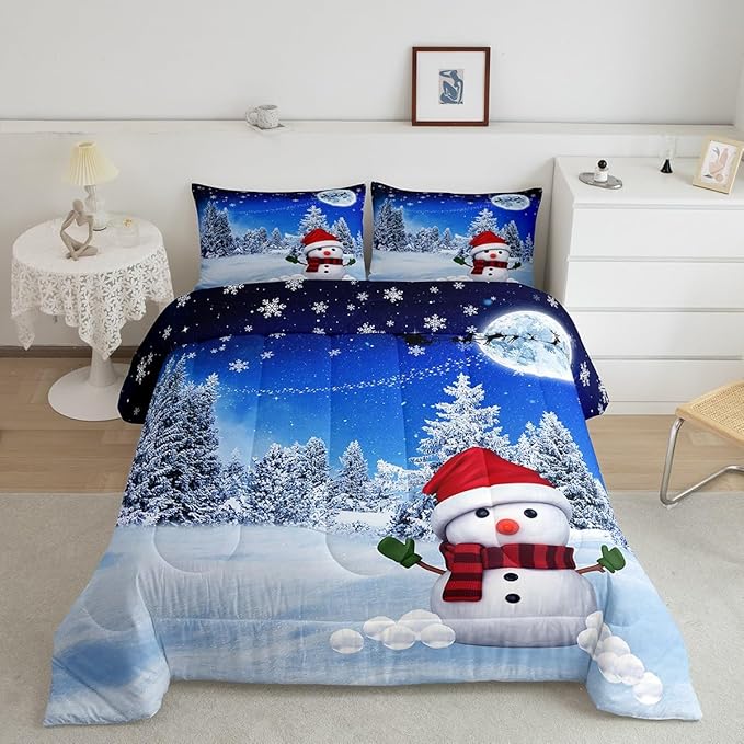 Feelyou Christmas Comforter Set Reindeer Snowman Snowflake Reversible King Size Decorations Bedding Set for Kids Boys Girls Xmas Winter Decor Comforter Dreamy Blue Quilt Room 3Pcs