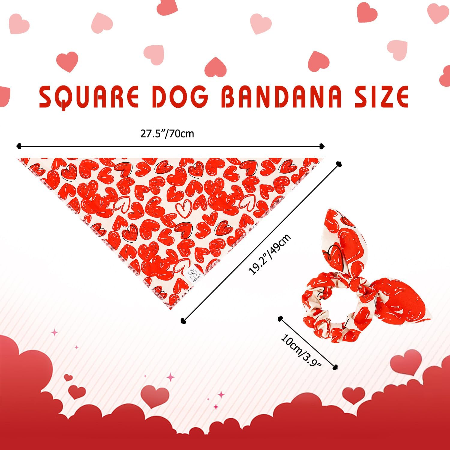E-Clover Cute Dog Bandana & Matching Scrunchie-Heart Dog Bandanas Red Pet Scarf Bib for Medium Large Dogs Girl Boy Owner Mothers Day Mom Gift