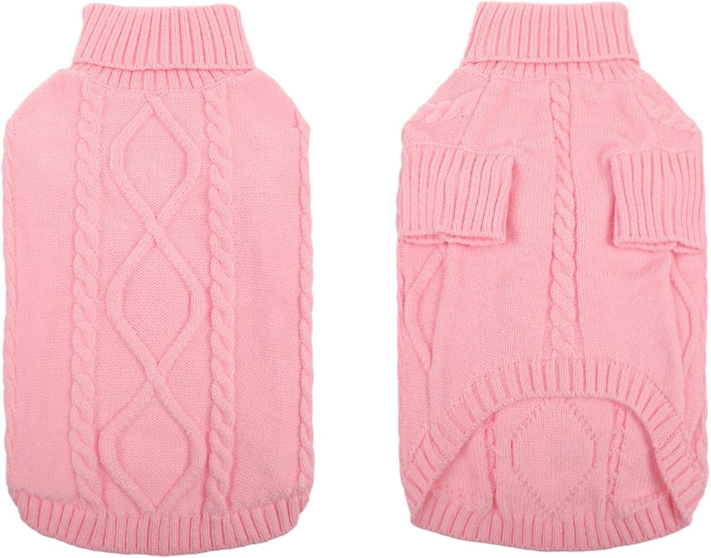 Queenmore Small Dog Pullover Sweater, Cold Weather Cable Knitwear, Classic Turtleneck Thick Warm Clothes for Chihuahua, Bulldog, Dachshund, Pug, Yorkie (Pink, Medium)