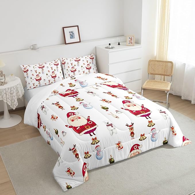 Feelyou Christmas Comforter Set Cute Snowman Santa Claus Kids Decorations Bedding Set Boys Girls Bear Rabbit Comforter Christmas Bells Design White Quilt with 2 Pillowcases 3Pcs Bedding King