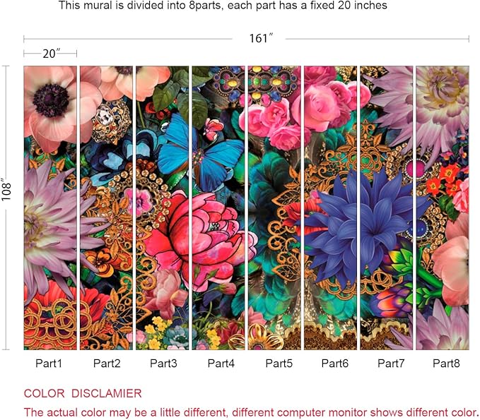 3D Floral Wallpaper Vivid Multicolor Wall Mural for Living Room Bedroom TV Background (Not Peel n' Stick)