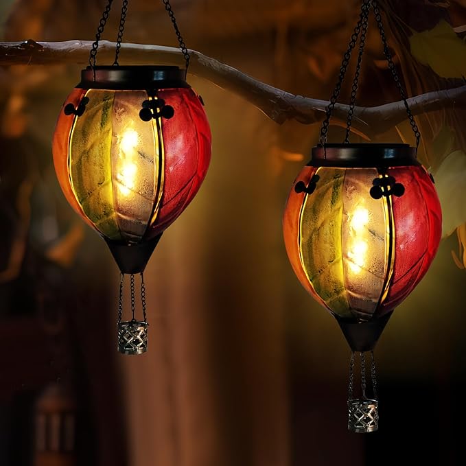 Glass Solar Hot Air Balloon Lantern with Flame Hanging Garden Flickering Light Outdoor Waterproof for Yard Patio Tree Mother's Day Gift, Colorful