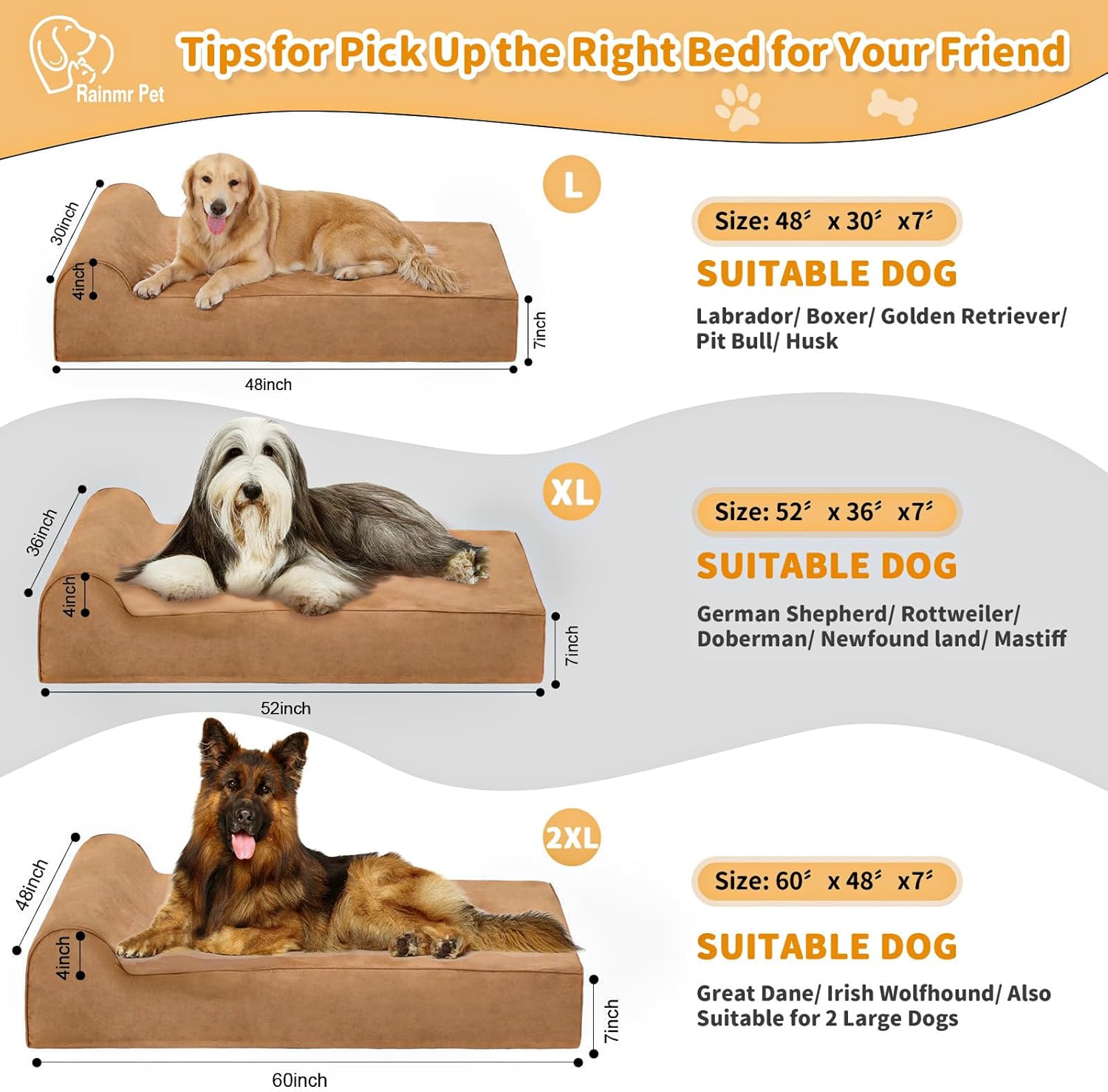 Large Orthopedic Dog Bed, 7" Memory Foam with Waterproof Liner, Chew Resistant Microsuede Cover, Removable and Washable, for Indoor, Outdoor, and Car Use, Nonskid Base, 52"x36" XL Khaki