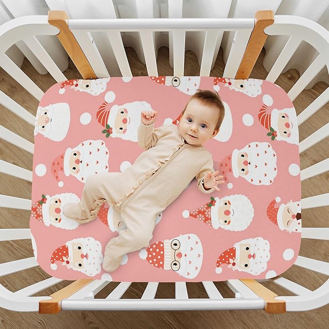 Santa Pink Christmas Crib Sheets Soft Breathable Fitted Baby Playard Sheets Mattress Cover for Girl Boys, 39" x 27" x 5"
