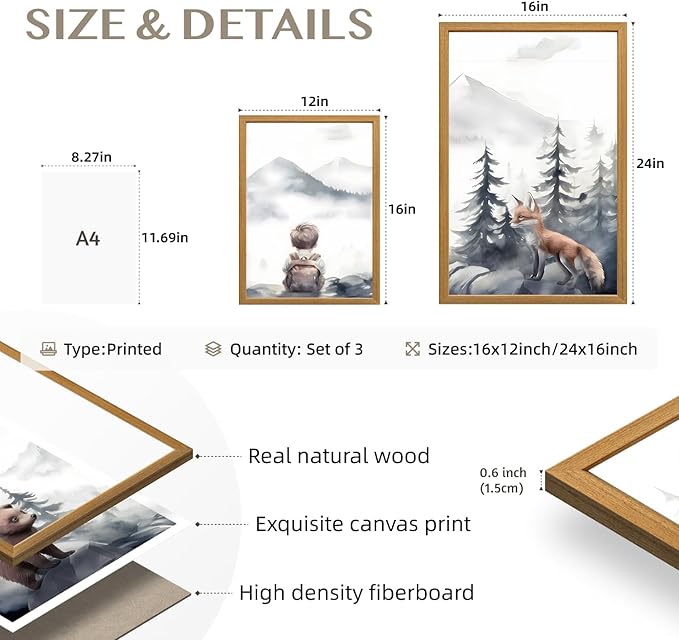 kilamino Neutral Woodland Wild Animal Wall Art, Cute Bear Fox Nursery Wall Decor, Adventure Boy Poster Prints, Vintage Forest Animal Canvas Paintings for Baby Room Playroom Wood Framed 16"x24"x3