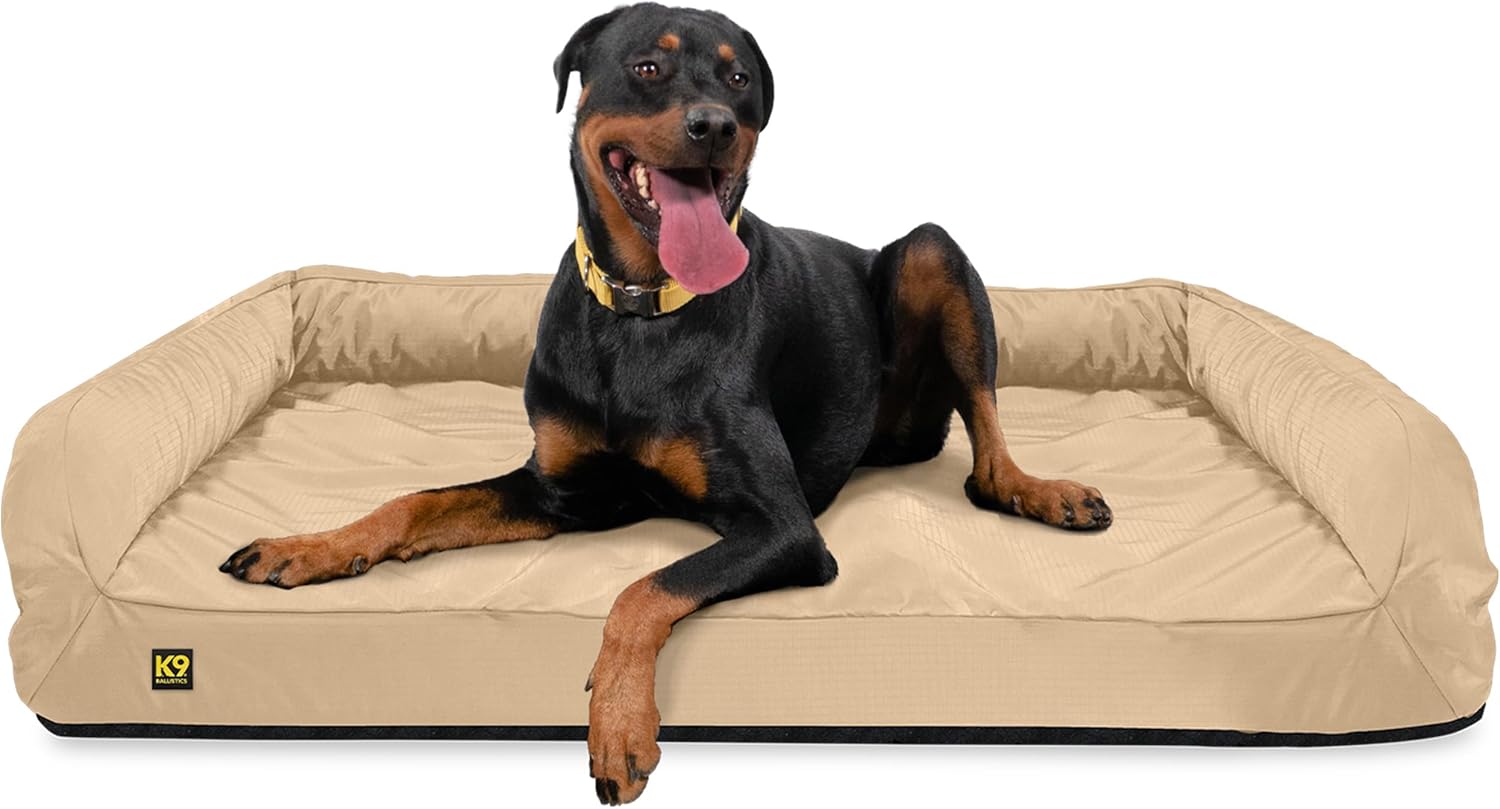 K9 Ballistics Tough Orthopedic X-Large Bolster Dog Bed - Washable, Durable and Water Resistant Dog Bed - Made for (XL) Big Dogs, 54"x38", Sandstone