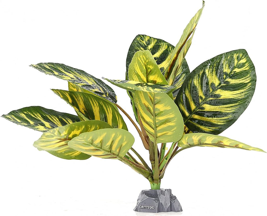 Reptile Terrarium Plants, Bearded Dragon Tank Decor Accessories for Ball Python Leopard Gecko Tree Frog Tarantula Lizard Corn Snake Tortoise Chameleon Crested Gecko - Fake Goeppertia Yellow