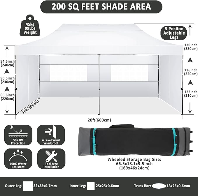 COBIZI 10x20 Pop Up Canopy with 6 Sidewall,Heavy Duty Canopy UPF 50+ All Season Wind Waterproof Commercial Outdoor Wedding Party Tents for Parties Canopy Gazebo with Roller Bag(10 x 20 ft White)