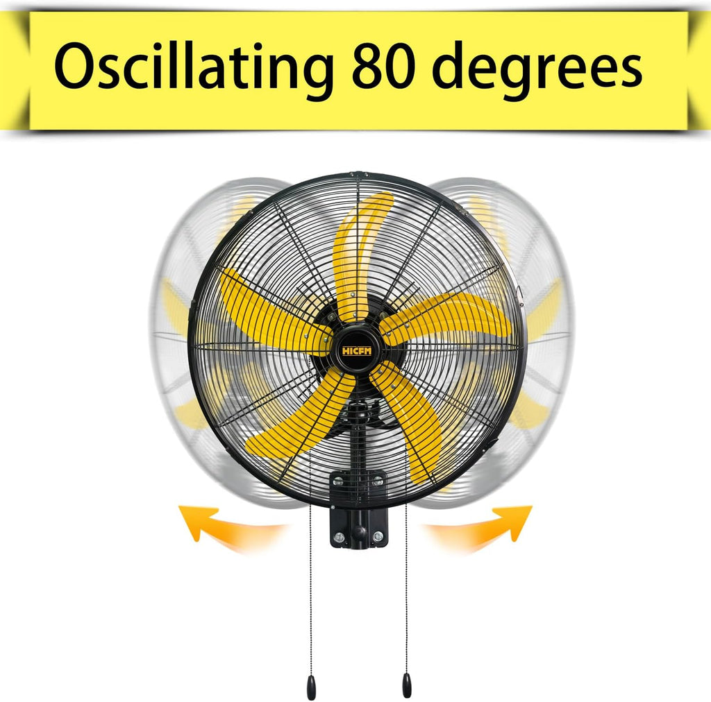 HiCFM 20" Oscillating Wall Mount Fan, 5000 CFM High Velocity Industrial Wall Mounted Heavy Duty Shop Fans with 3 Speed Settings 80° Oscillation for Commercial Garage Warehouse workshops Factory