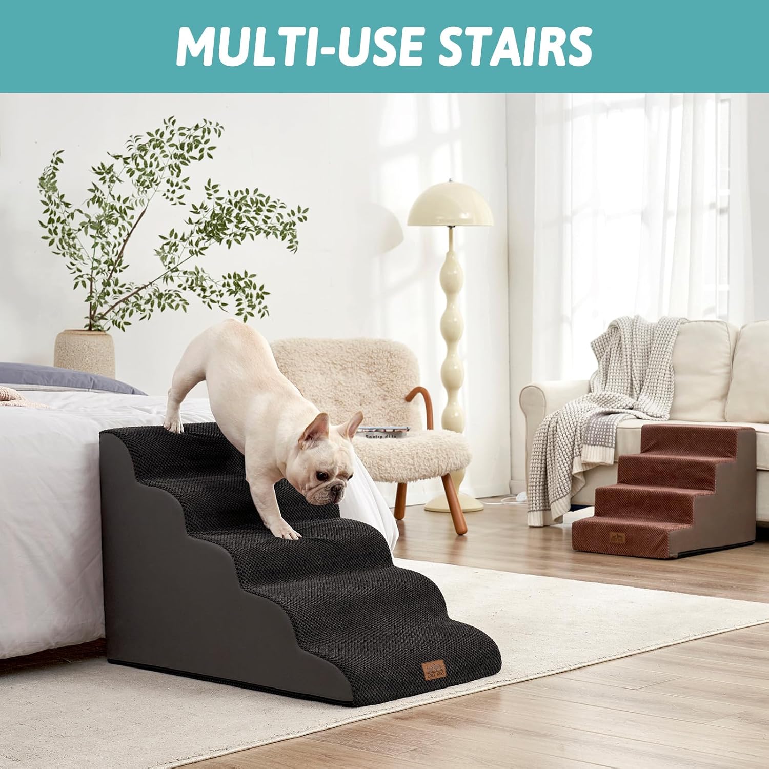 Extra Wide Dog Stairs 19.7" Width, Large Pet Step for Small Medium Dog, Puppy or Cat, Ramp for High Bed or Car, High Density Foam Ladder, Stable, 5 Step, 19.7x33x22.4 inch, Black