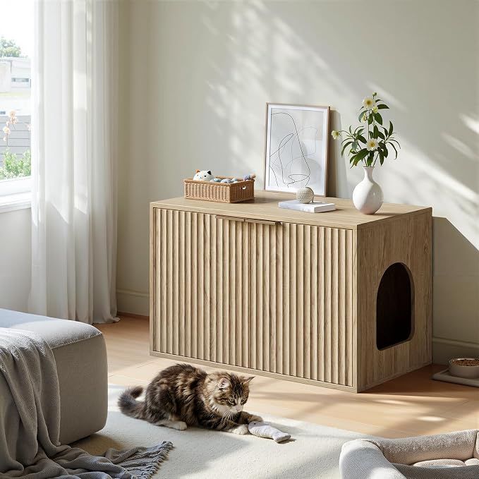 Evermagin 31.5" Oak Cat Litter Box Enclosure Furniture, Large Hidden Litter Box - Image 3