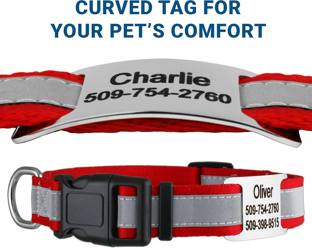 GoTags Reflective Personalized Dog Collar with Nameplate, Adjustable Dog Collar with Custom Engraved Steel Slide On Pet ID Tag, Silent, No Noise Dog Tag for Large Medium or Small (Red, Large)