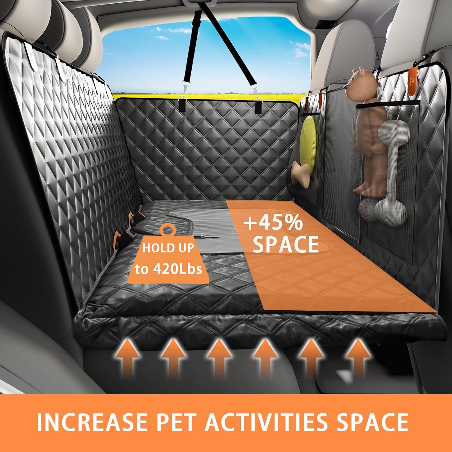 Truck Dog Seat Cover Back Seat Protector, Large Space Backseat Extender with Soft Inflatable Cushion Comfortable Dog Hammock, Waterproof Dogs Bed Rear Travel Accessories for Truck