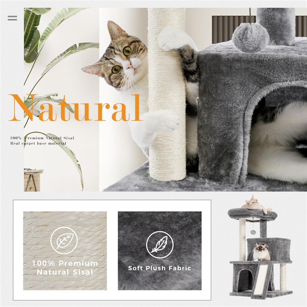 PAWZ Road 34 Inches Cat Tree Multilevel Cat Tower with Double Condos, Spacious Perch, Fully Wrapped Scratching Sisal Post and Replaceable Dangling Balls Gray