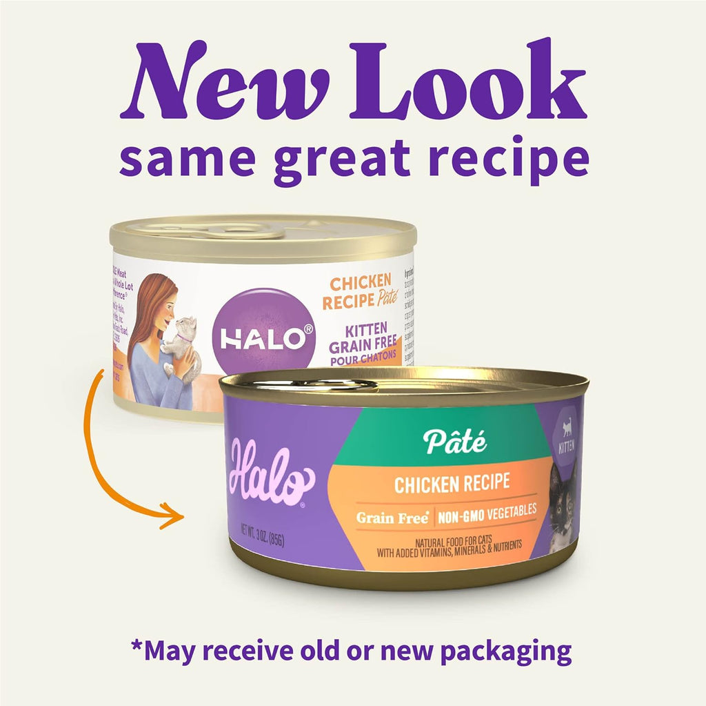 Halo Wet Kitten Food Whole Chicken Recipe, Grain Free Wet Cat Pate, Canned Cat Food to Support Brain Development, 3 Oz Can (Pack of 12)