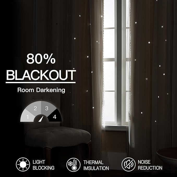 XiDi Beige Blackout Curtains with Sheer Overlay Star Cut Out Design Warm Color Double Layer Curtains Thermal Noise Reduction Grommet Darpes for Girls Kids Bedroom Living Room 52 x 84 Inches, Set of 2