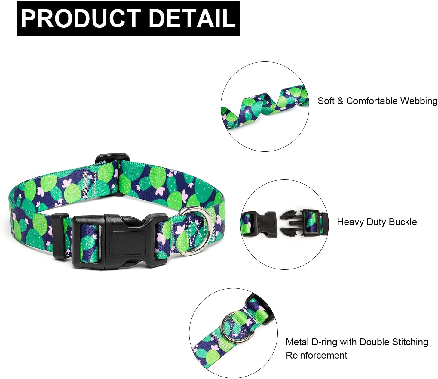 Mercano Adjustable Dog Collar - Special Design Patterns, Soft Nylon Comfortable Durable Pet Collar for Small Medium Large Dogs (M, Cactus)