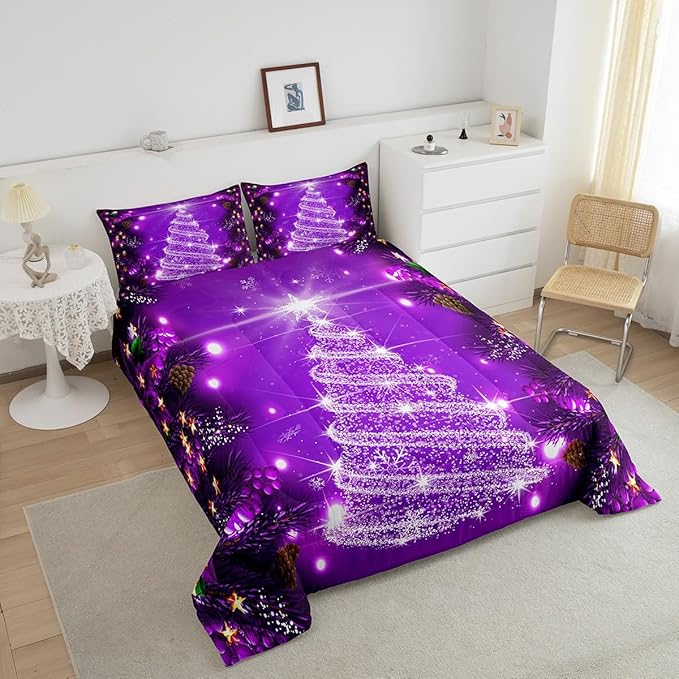 Feelyou Kids Merry Christmas Decorations Comforter Set, Kids Santa Tree Bedding Set Full Size for Boys Girls Teens Xmas Christmas Bell Decor Comforter Glitter Purple Quilt Set