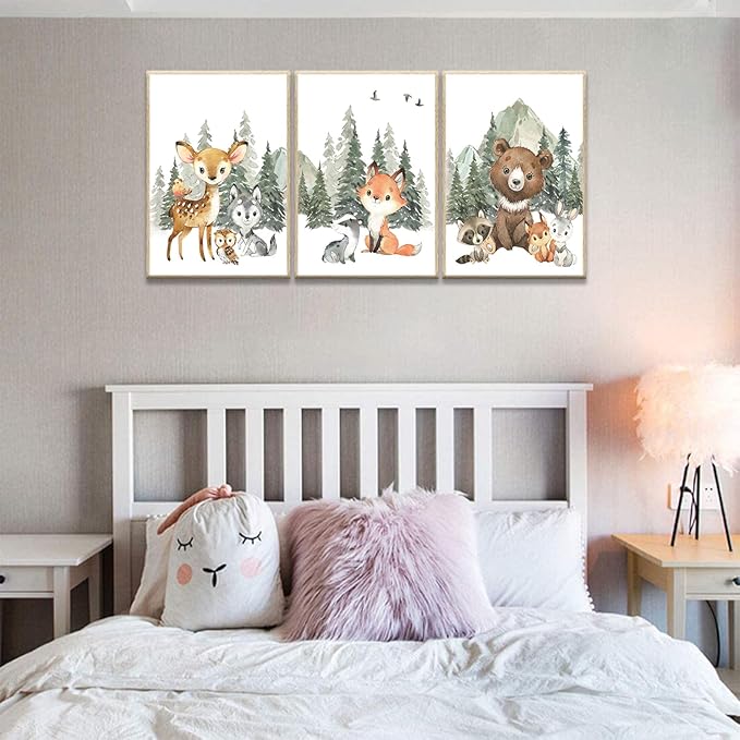 3Pcs Woodland Animal Nursery Canvas Wall Art Forest Adventure Theme Animals Picture Posters Wall Decor Cute Watercolor Deer Bear Fox Painting Print Artwork for Kids Baby Bedroom Decor 16x24in Unframed